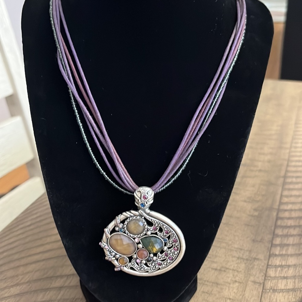 Boho Silver Statement Pendant Necklace Multi-Strand Purple Cord Earth Tones - Picture 2 of 6